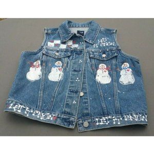 Girls Jean Vest Size M Holiday Winter Handpainted Snowman